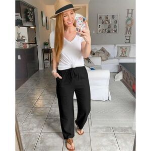 NWT Womens Meomua Navy Blue Linen Drawstring Casual Cropped Capri Pants - Sz S